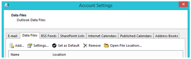 Account Settings Data Files tab - Outlook